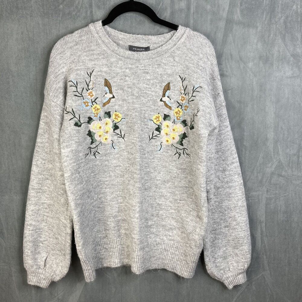 Primark Women's Sweater Embroidered Birds Flowers Gray Pullover Size Small
